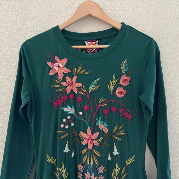 Johnny Was Amarylla Dress Small Emerald Green Cotton Embroidered Asymmetric Boho - Picture 8 of 14